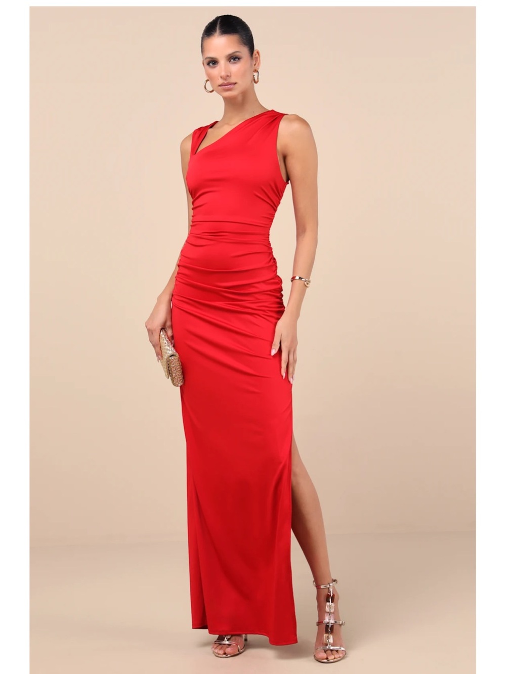 Lulus Enticing Darling Red Asymmetrical Ruched Column Maxi Dress Event